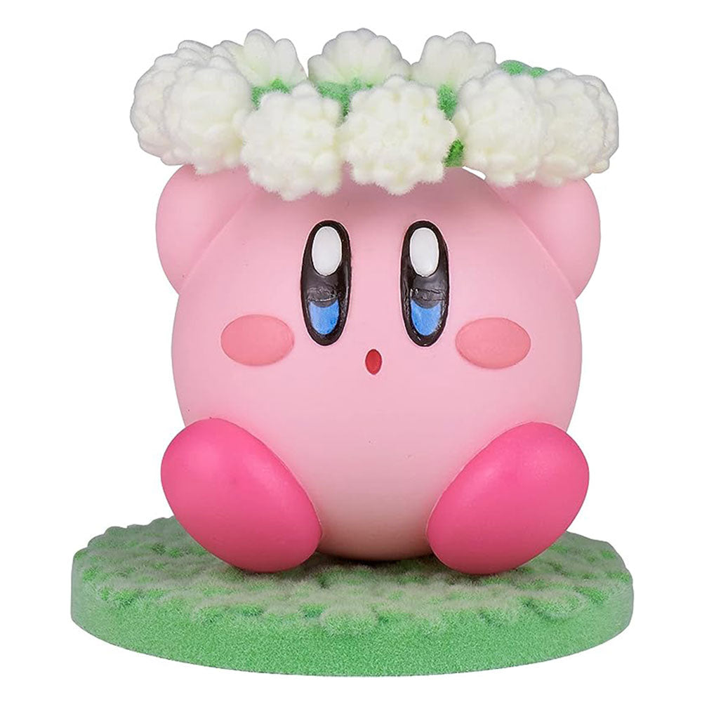 Kirby Fluffy Puffy Mine brincando na figura da flor
