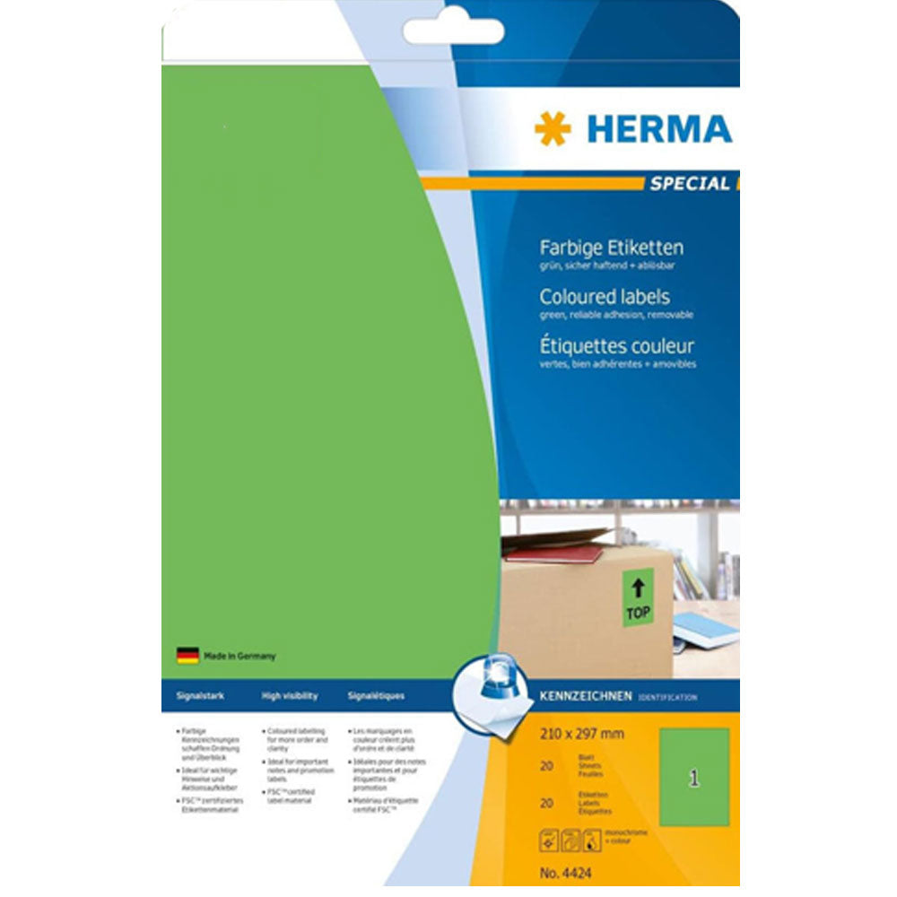 Herma aftagelige farvede etiketter A4 20pc (210x297mm)