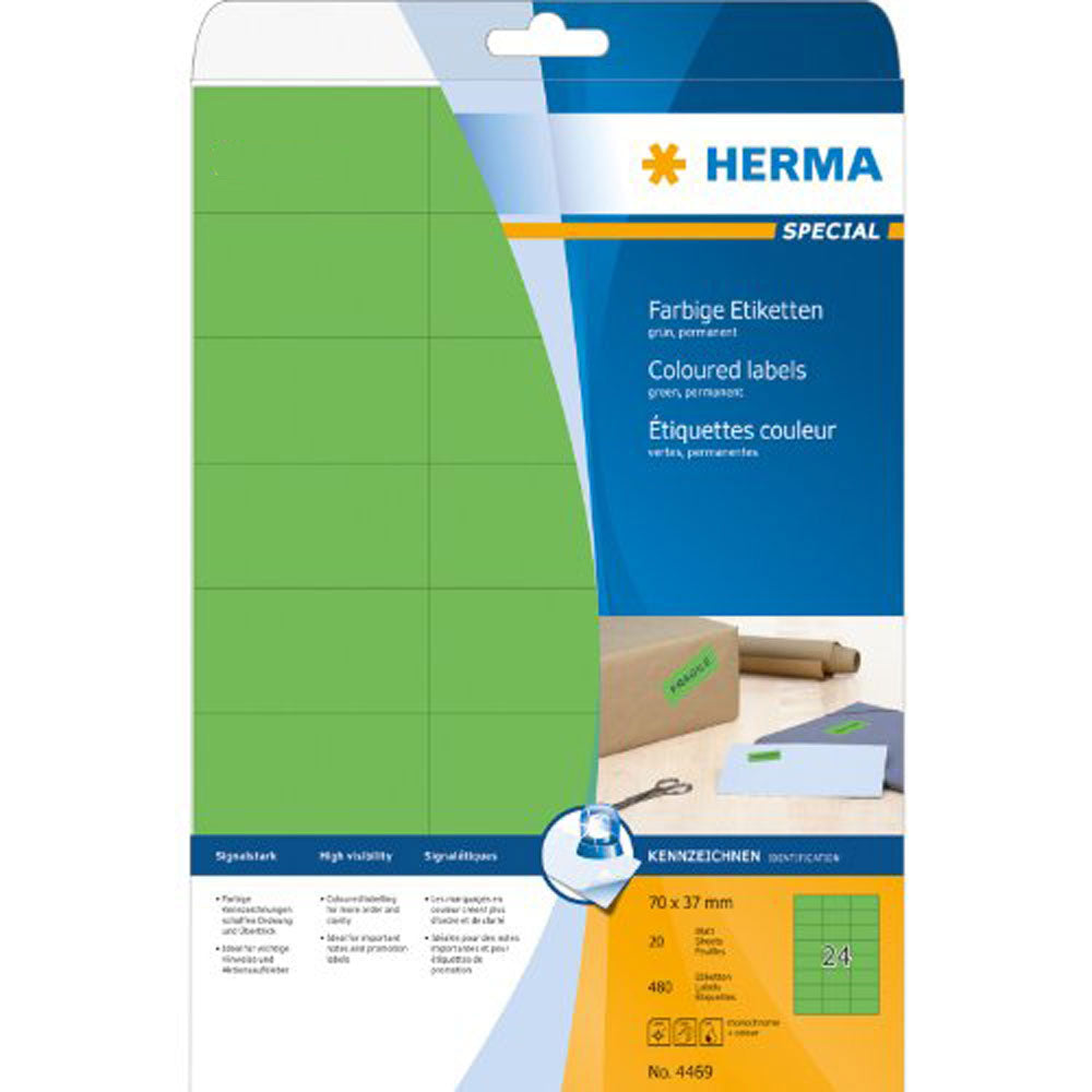 Herma avtagbar färgade etiketter A4 20 st (70x37mm)