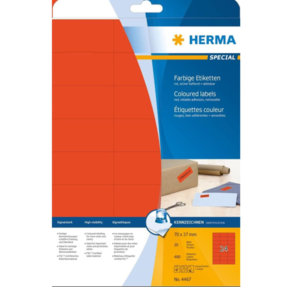 Herma aftagelige farvede etiketter A4 20pc (70x37mm)