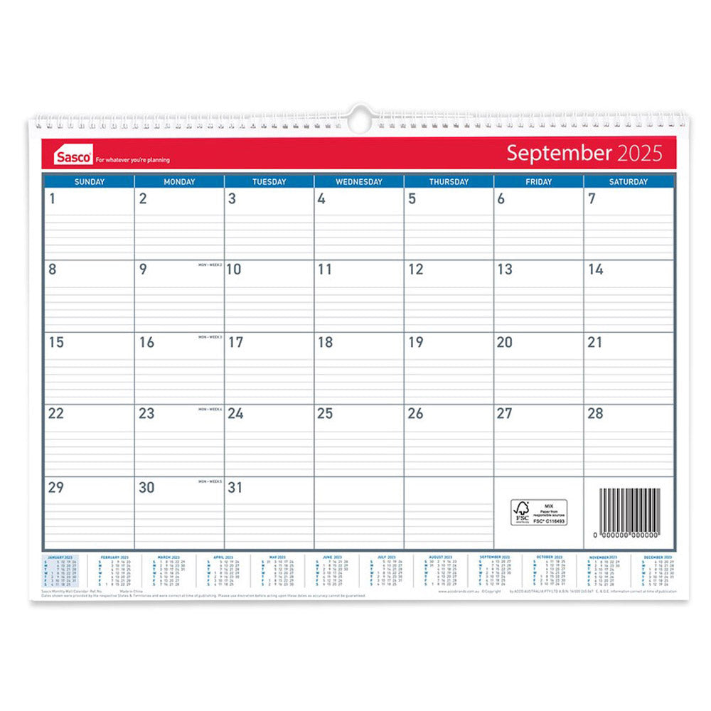 Sasco Month to View 2025 Calendar (530x395mm)