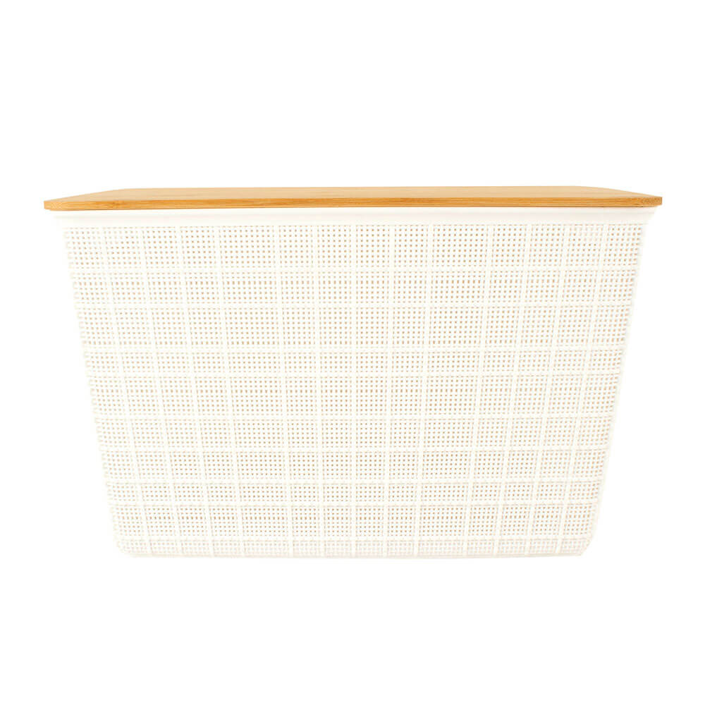 Cesto di deposito in plastica con coperchio di bambù (bianco)