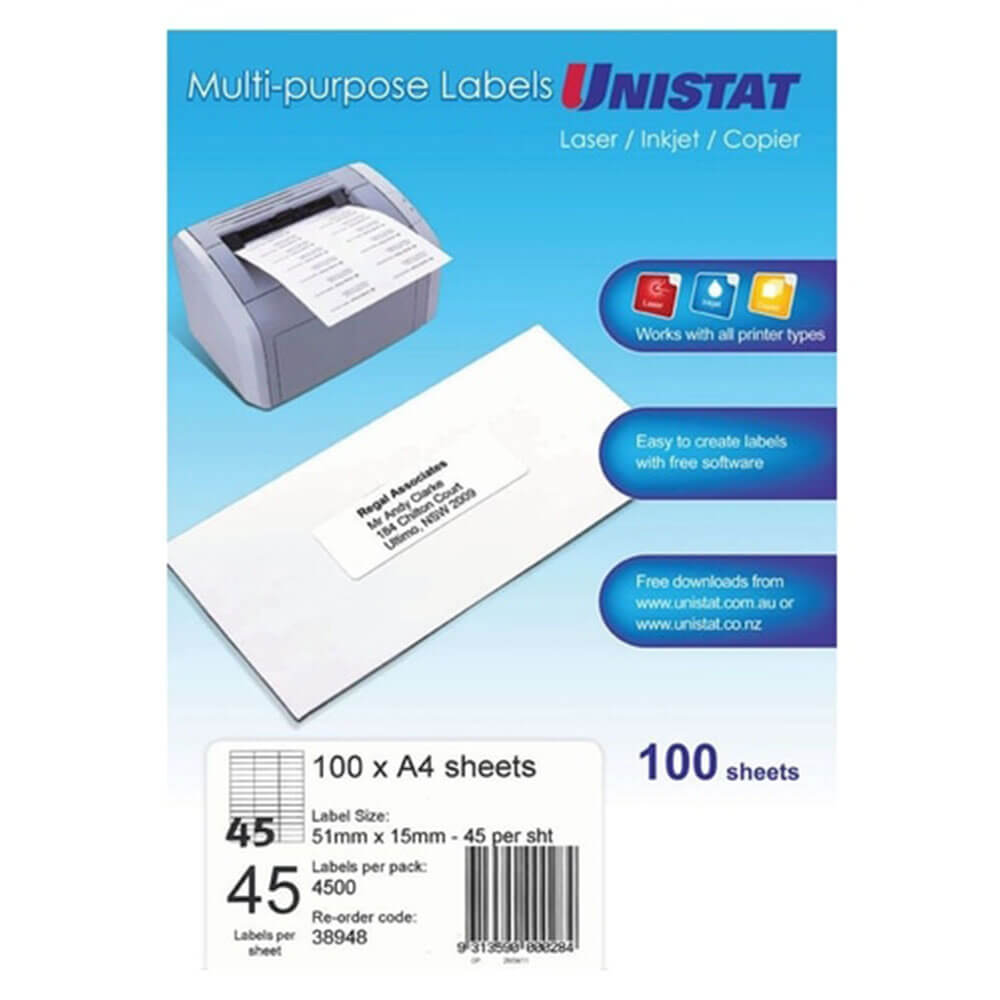 Unistat Laser/Inkjet/Copier Label 100pk