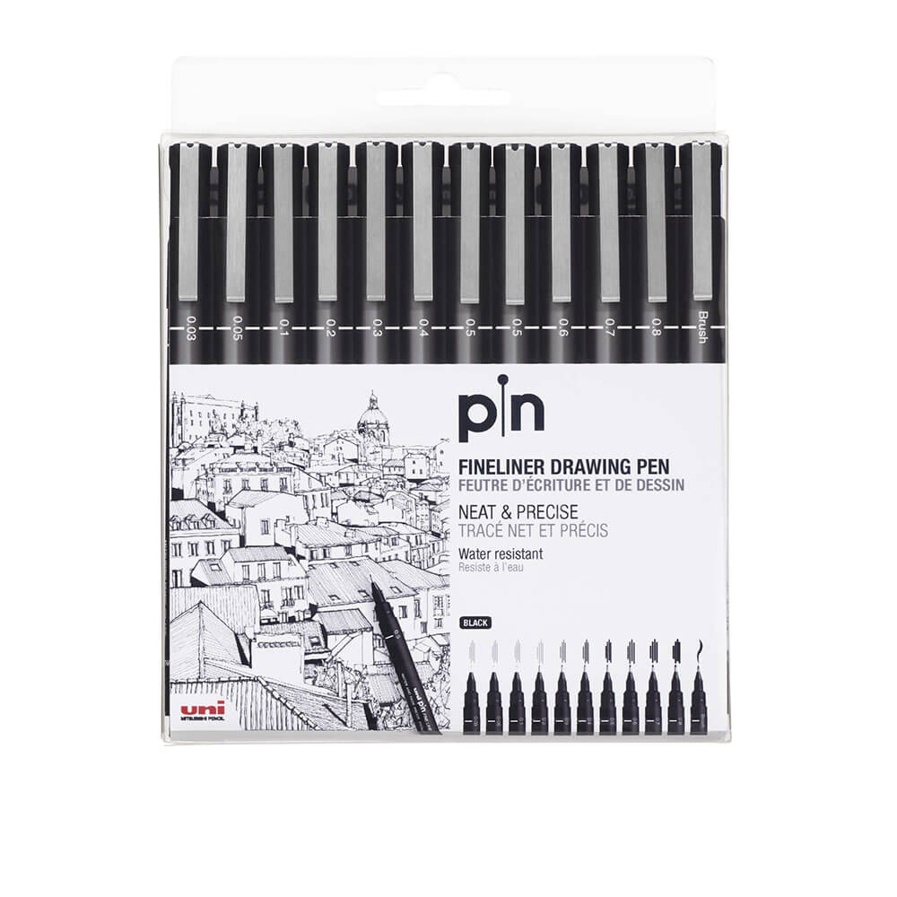 Uni Pin Linha fina de desenho 12pcs (preto)